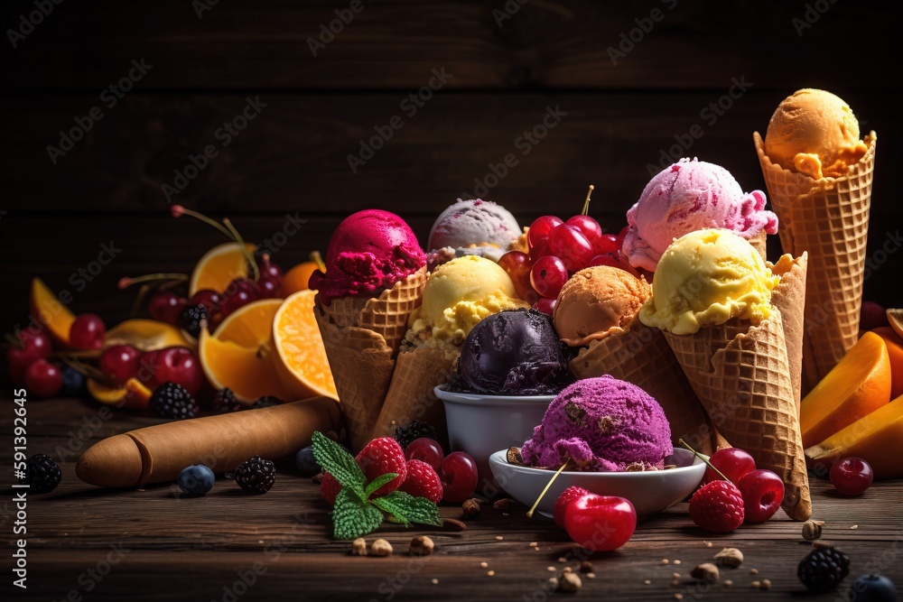  a group of ice cream cones sitting on top of a wooden table next to fruit and a corkscrew corkscrew