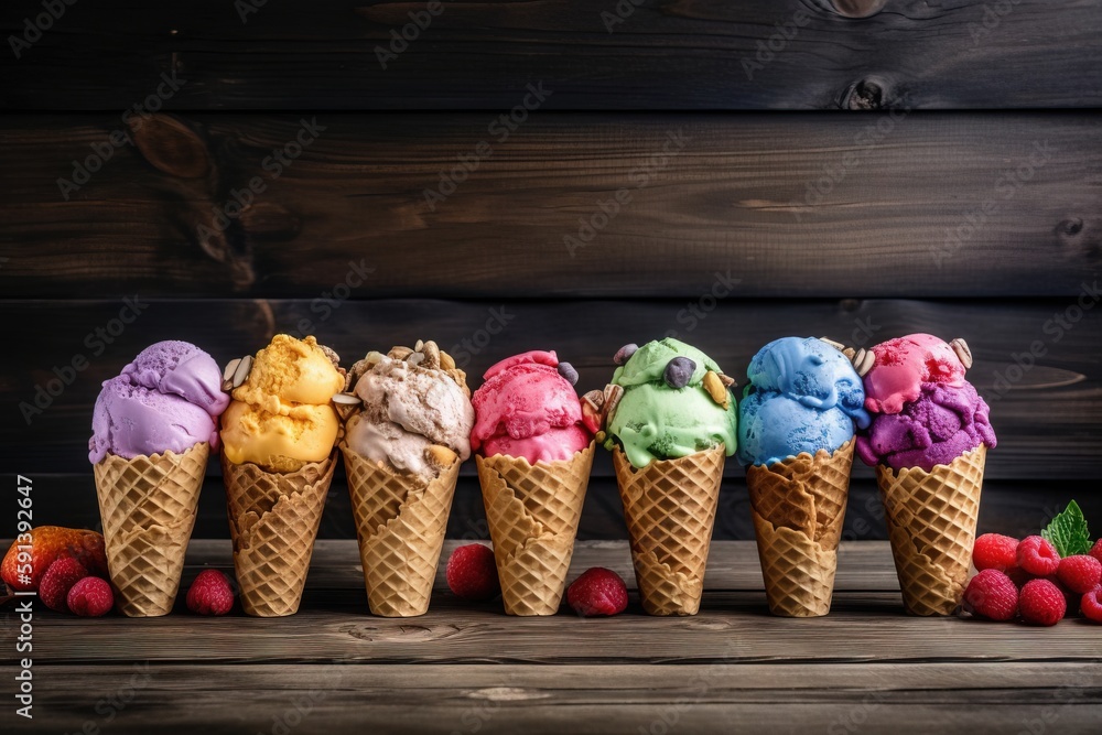  a row of ice cream cones with raspberries and raspberries on a wooden table next to a dark wood wal