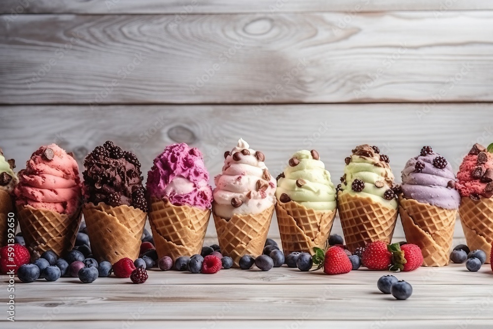  a row of ice cream cones filled with different flavors of ice cream and berries on a white wooden t