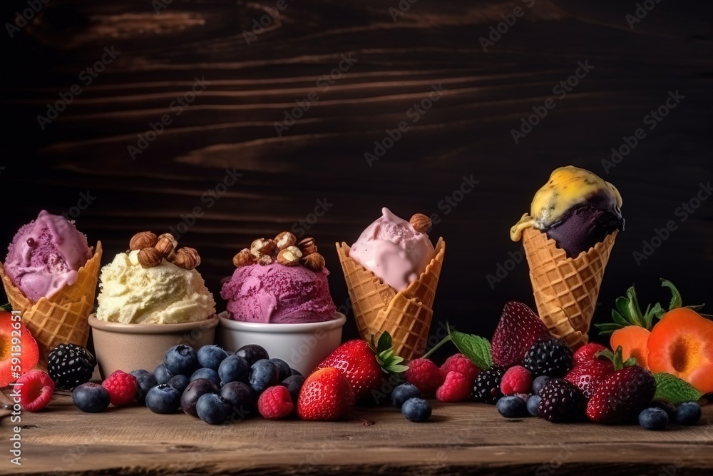  a group of ice cream cones sitting on top of a wooden table next to berries and other fruit on a wo