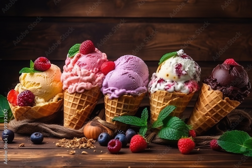  a group of ice cream cones with berries and mint leaves on a wooden table with a wooden background 