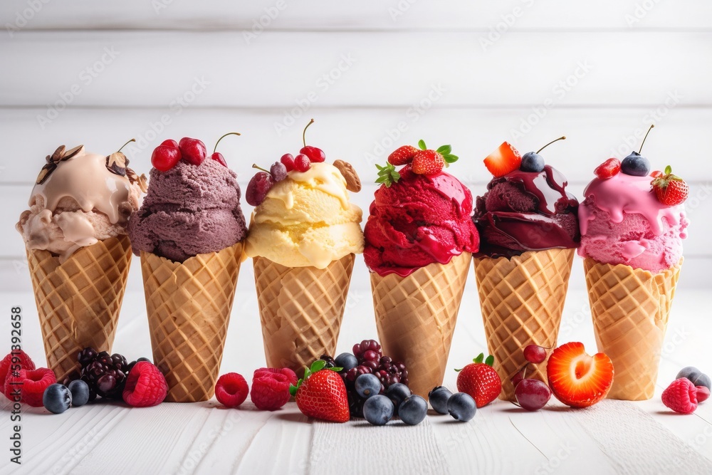  a row of ice cream cones with different flavors of ice cream and berries on top of each cone, on a 