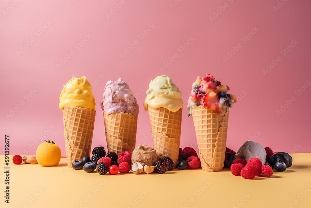  a row of ice cream cones with different toppings on them on a yellow surface with a pink background