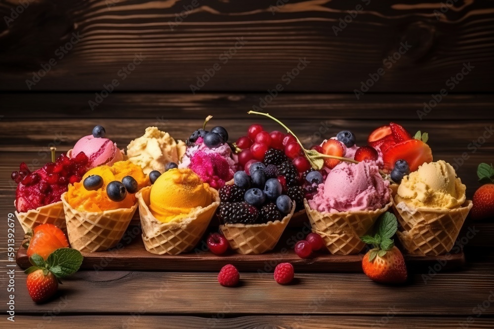  a group of ice cream cones filled with different types of fruit on a wooden table next to strawberr