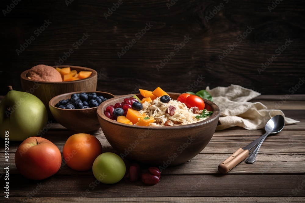  a wooden table topped with bowls filled with fruit and veggies next to a bowl of salad and a spoon 