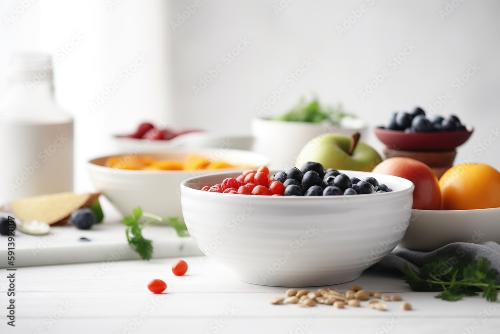  a bowl of berries, oranges, and other fruits on a white table with a bottle of milk in the backgrou