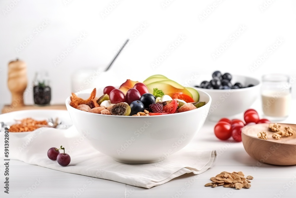  a white bowl filled with fruit next to a bowl of cereal and a bowl of fruit on a white tablecloth w