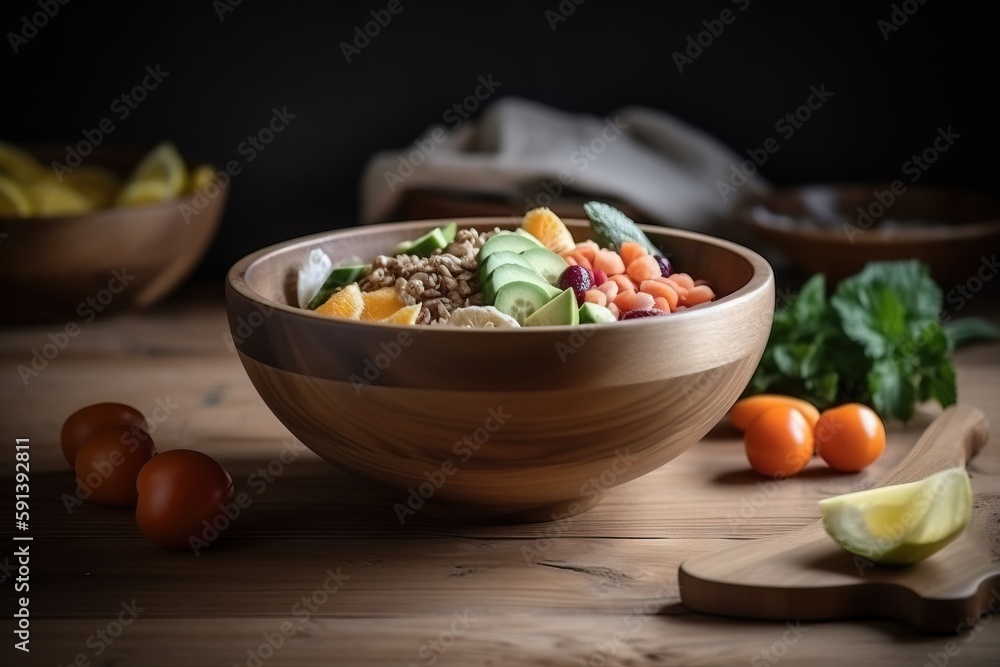  a wooden bowl filled with lots of different types of food next to a cutting board with tomatoes, cu