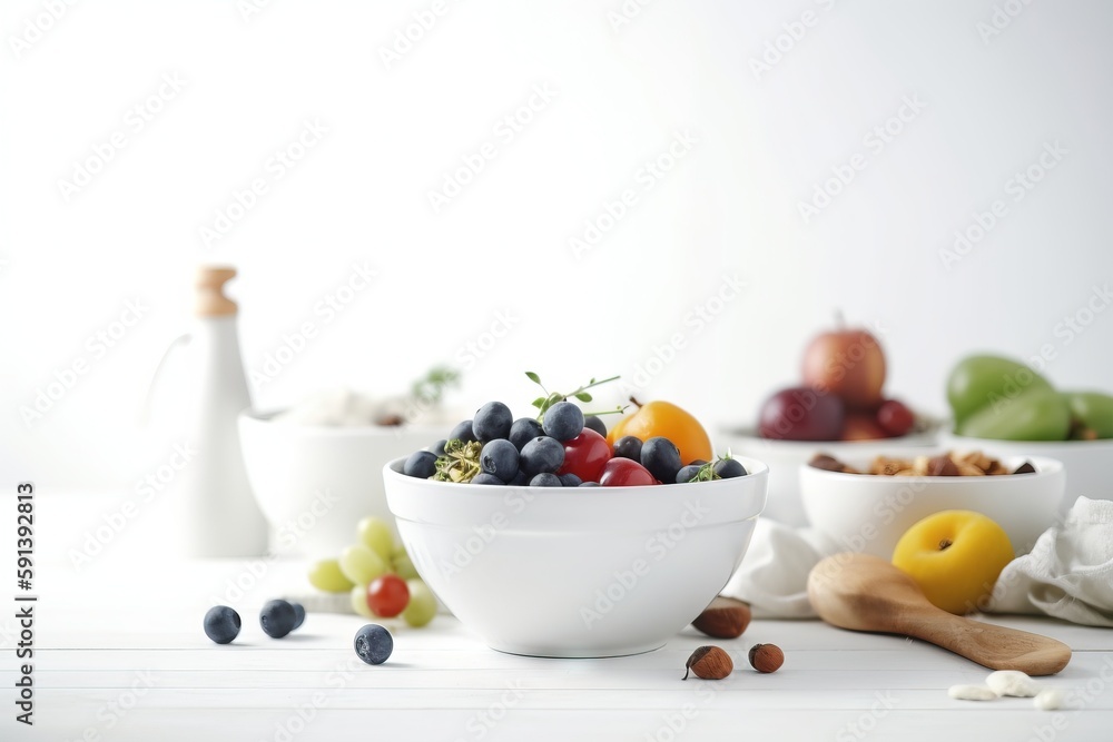  a white bowl filled with lots of different fruits and vegetables next to a bottle of wine and a woo