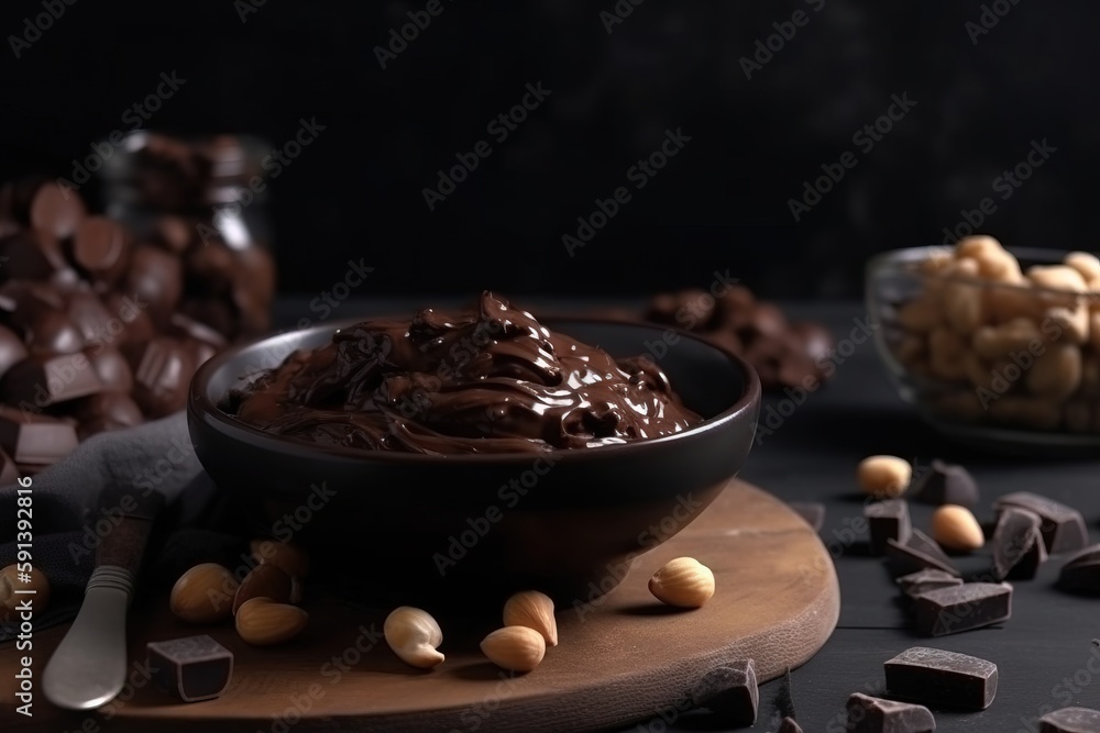  a bowl of chocolate and nuts on a wooden board with a spoon and a bowl of nuts on a table with a bl