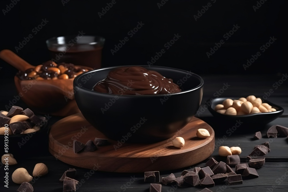  a bowl of chocolate and nuts on a wooden board with a spoon and bowl of nuts on a black background 