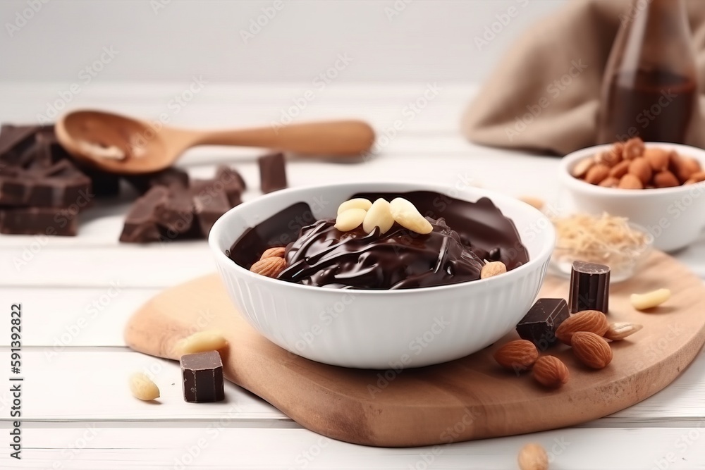  a bowl filled with chocolate and nuts on top of a cutting board next to a bottle of milk and a wood