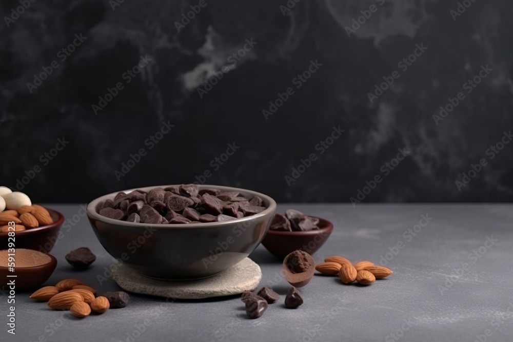  a bowl filled with chocolate and almonds next to other bowls of chocolate and almonds on a gray sur