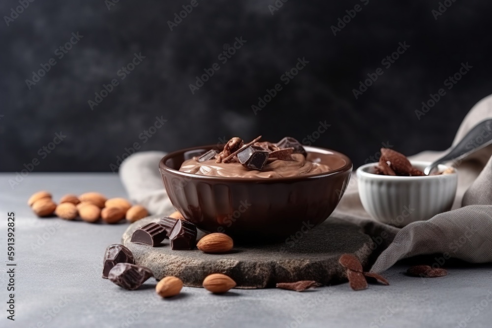  a bowl of chocolate pudding with almonds and a spoon on a stone slab with a cloth and a bowl of alm