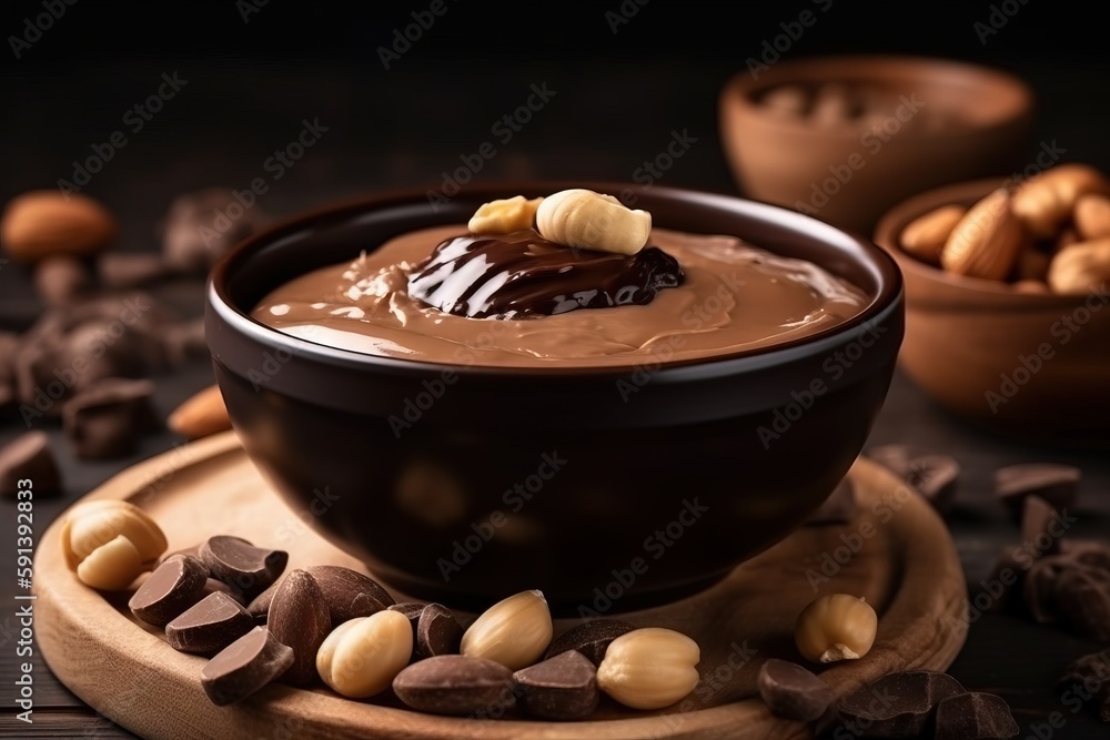  a bowl of chocolate pudding with nuts on a wooden plate and a bowl of nuts on a wooden plate with a