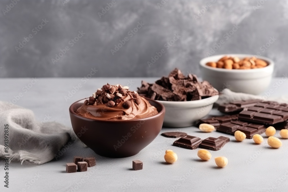  a table topped with bowls filled with chocolate and marshmallows next to a bowl of chocolate chips 