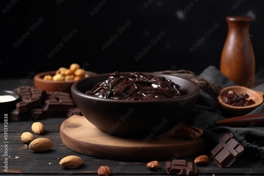  a bowl filled with chocolate and nuts next to a wooden spoon and a bottle of milk on a wooden table