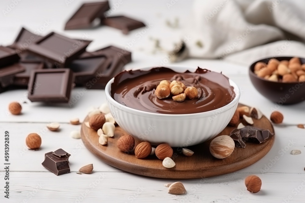  a bowl of chocolate with nuts and nuts on a plate next to a bowl of chocolate and nuts on a wooden 