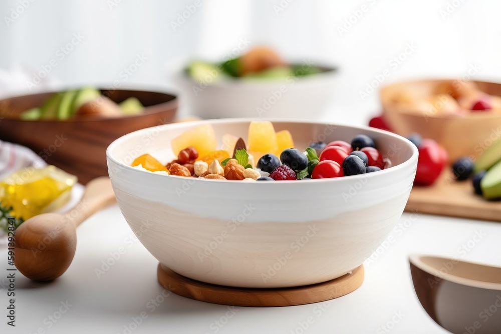  a white bowl filled with lots of fruit on top of a table next to bowls of vegetables and fruit on t