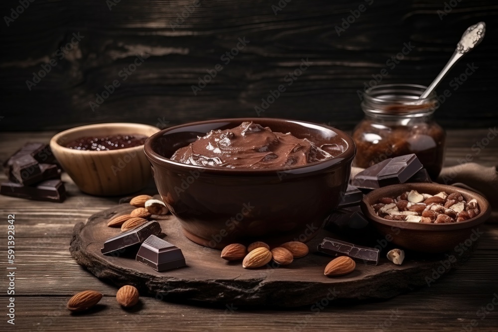  a bowl of chocolate pudding surrounded by nuts and chocolate bars on a wooden board with a spoon in