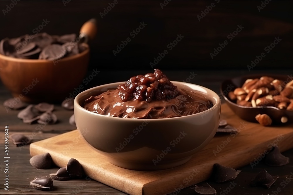  a bowl of chocolate pudding with nuts and chocolate chips on a cutting board next to a bowl of choc