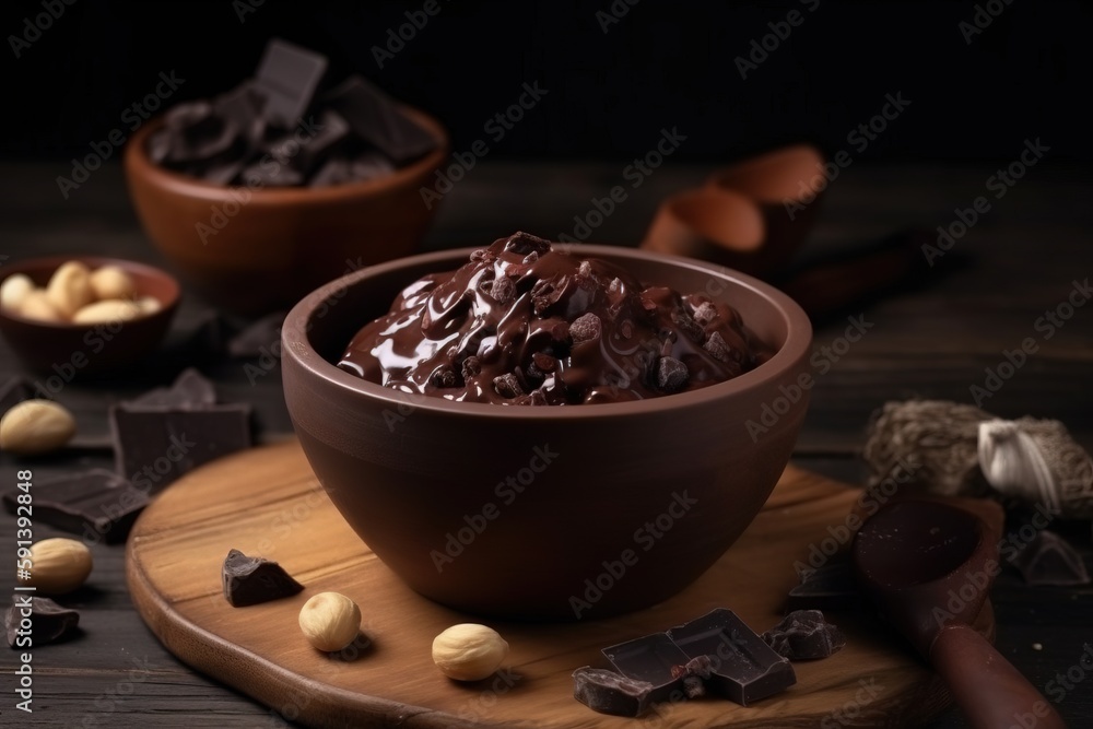  a bowl filled with chocolate and nuts on a wooden cutting board next to a bowl of chocolate and nut