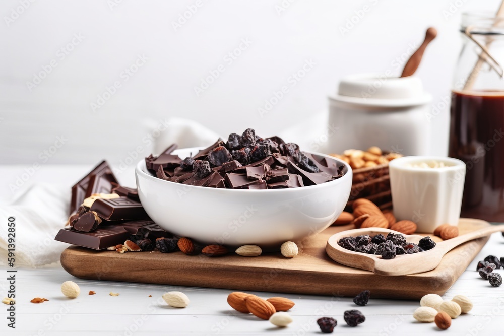  a bowl of chocolate, nuts, and a spoon on a cutting board next to a jar of chocolate and a glass of