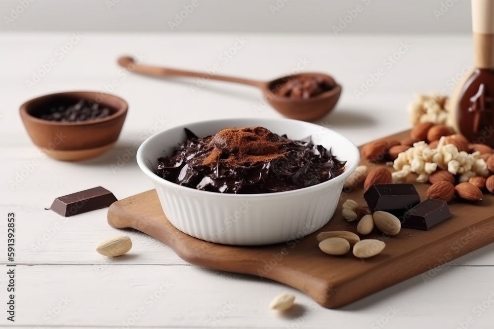  a bowl of chocolate pudding surrounded by nuts and chocolate on a cutting board with spoons and spo