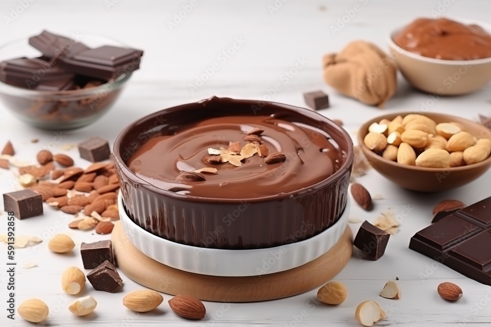  a bowl of chocolate surrounded by nuts and nutshells on a white table with a bowl of nuts and a bow