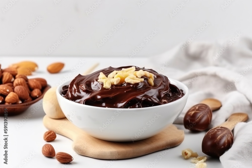  a bowl of chocolate pudding with nuts on a wooden board next to a bowl of nuts on a white tableclot