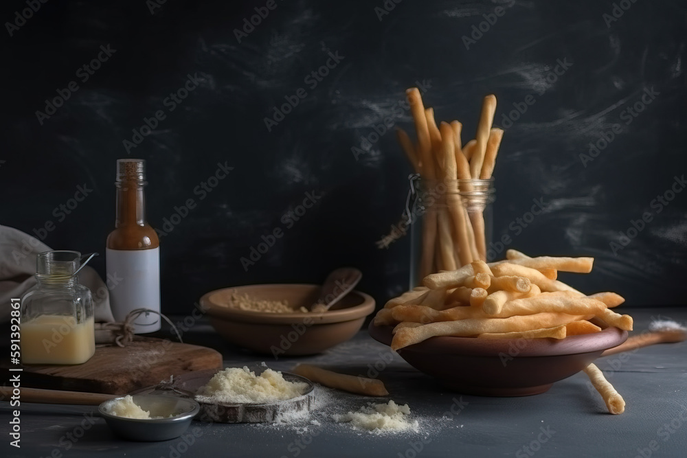  a table topped with a bowl of french fries and a bottle of orange juice and a glass of orange juice