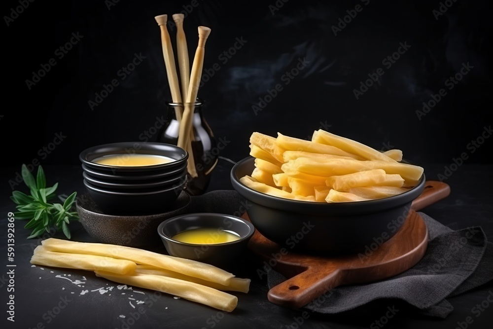  a bowl of french fries next to a bowl of dipping sauce and a bowl of parmesan cheese sticks on a wo