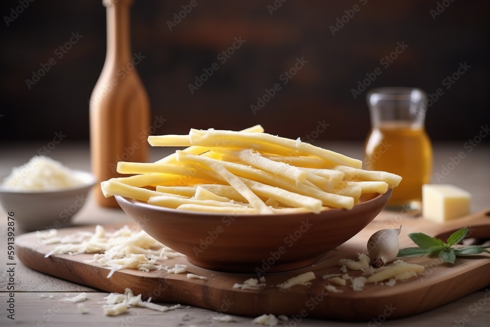  a bowl of french fries on a cutting board next to a bottle of honey and a glass of honey on the sid