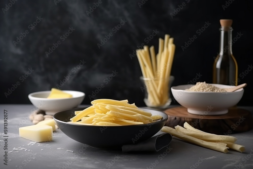  a bowl filled with pasta next to a bottle of wine and a bowl of cheesesticks on a wooden board with