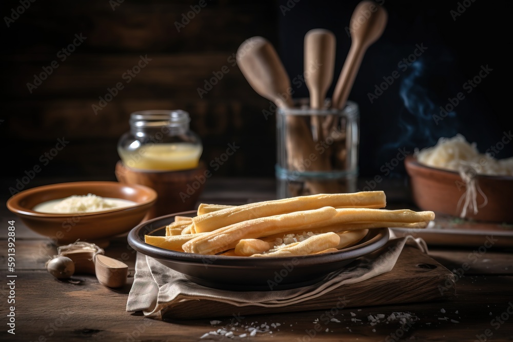  a bowl of french fries on a wooden table with a glass of orange juice and a wooden spoon in the bac