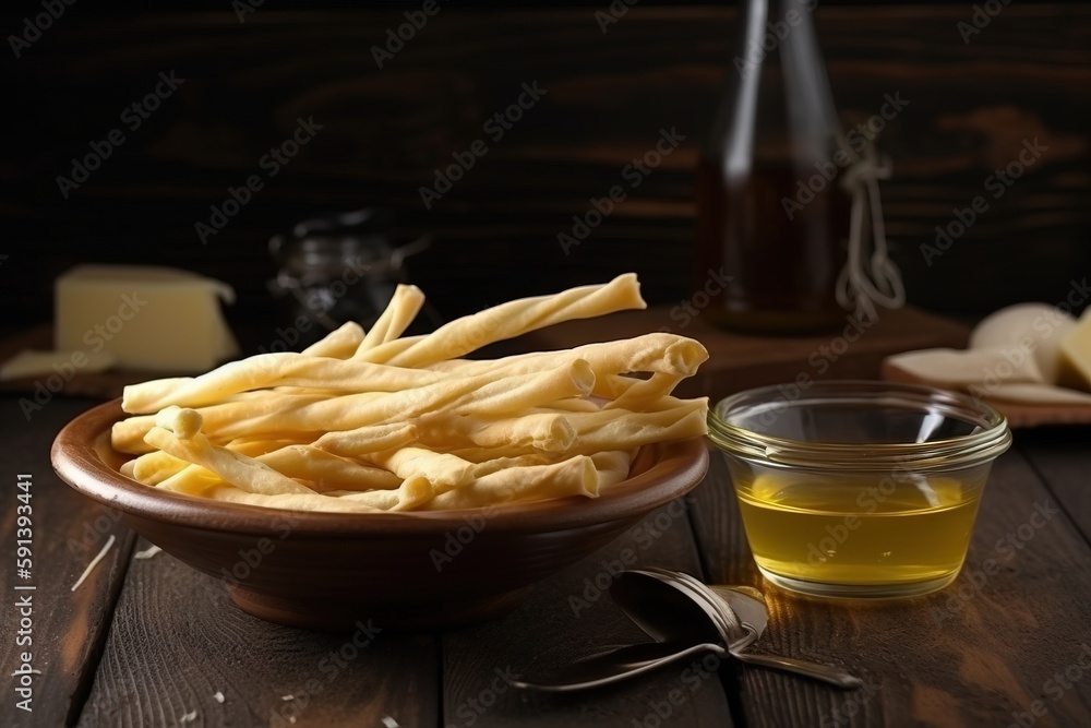  a bowl of fries next to a jar of oil and a spoon on a wooden table next to a bottle of oil and a sp