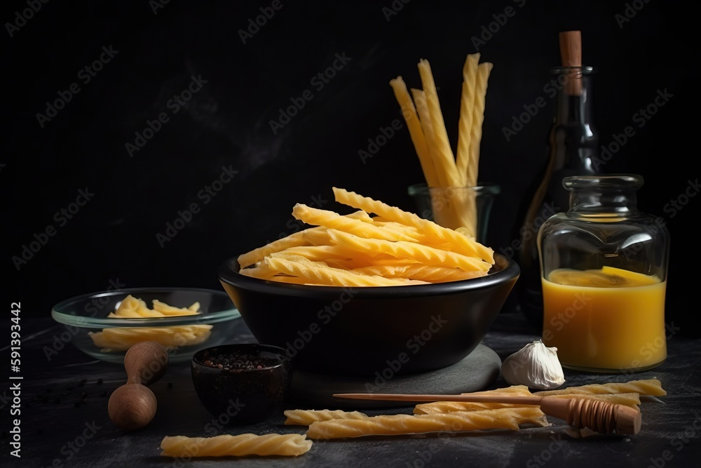  a black bowl of pasta and a bottle of orange juice on a black table with other food items and a bot