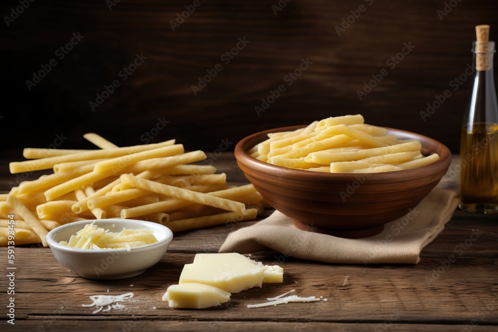  a bowl of cheese next to a bottle of wine and a bowl of cheese on a napkin with a bottle of wine in