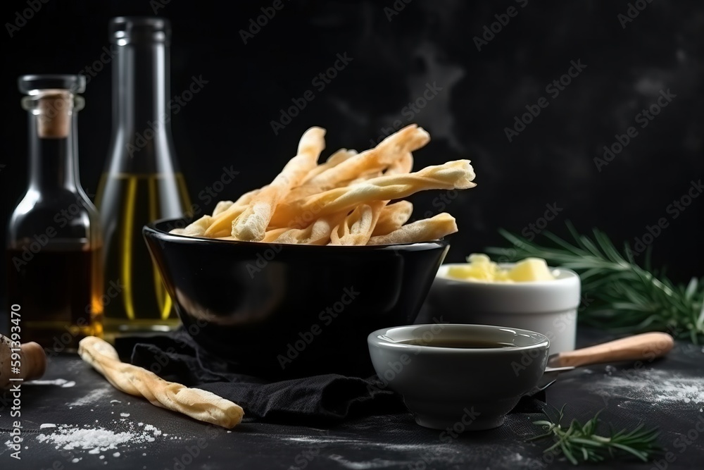  a bowl of french fries next to a bottle of olive oil and a bowl of garlic and garlic breadsticks on