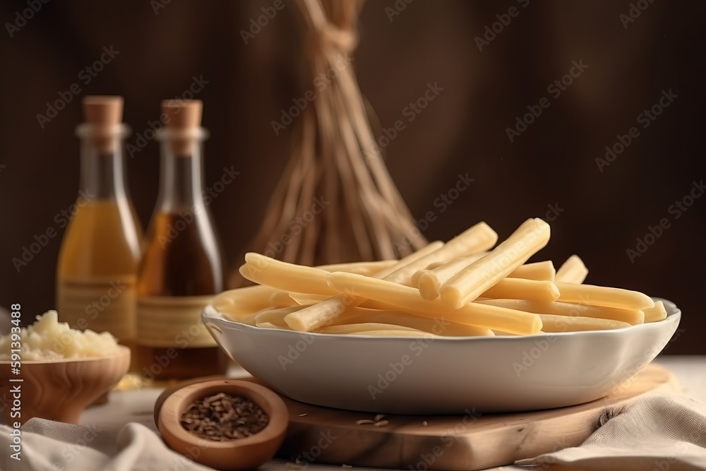  a white bowl filled with french fries next to bottles of mustard and seasoning on a wooden tableclo