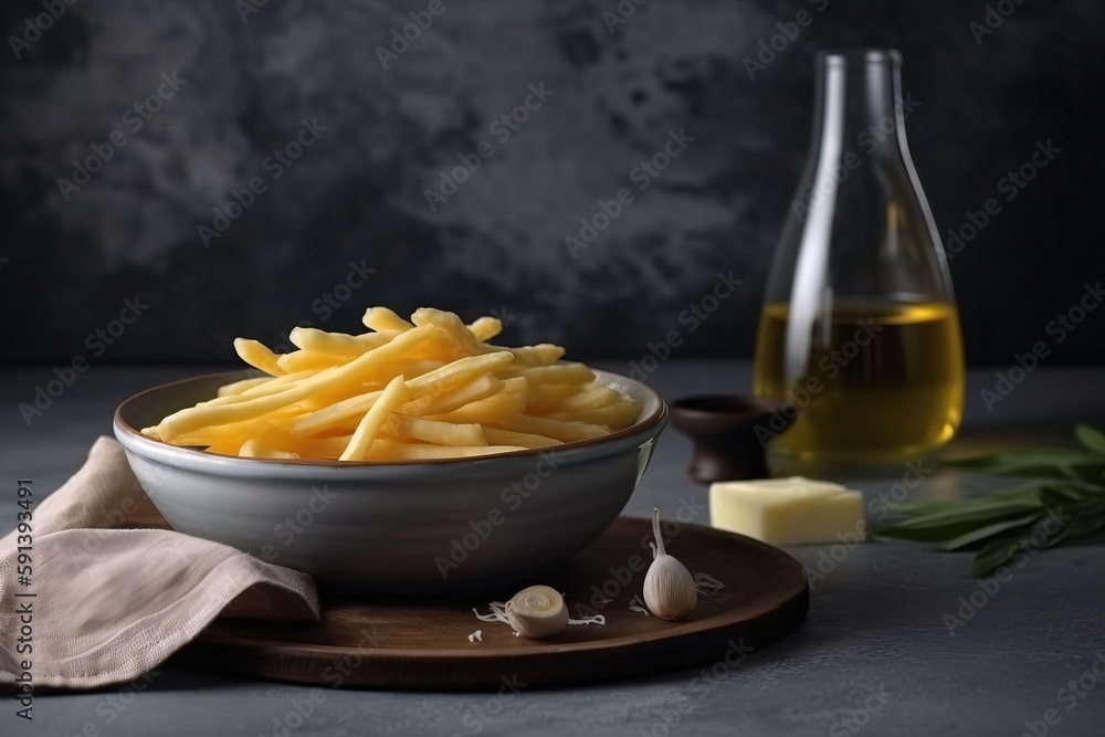  a bowl of french fries on a plate next to a bottle of olive oil and a bottle of olive oil on a cutt