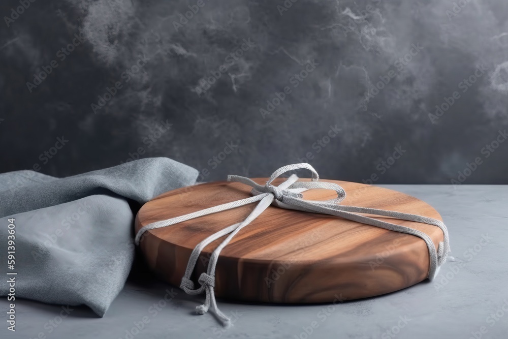  a round wooden cutting board with a white ribbon tied around it on a gray surface with a gray cloth