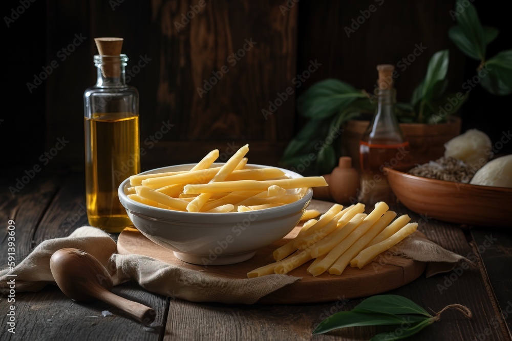  a bowl of french fries next to a bottle of olive oil and a spoon on a wooden board with a cloth on 