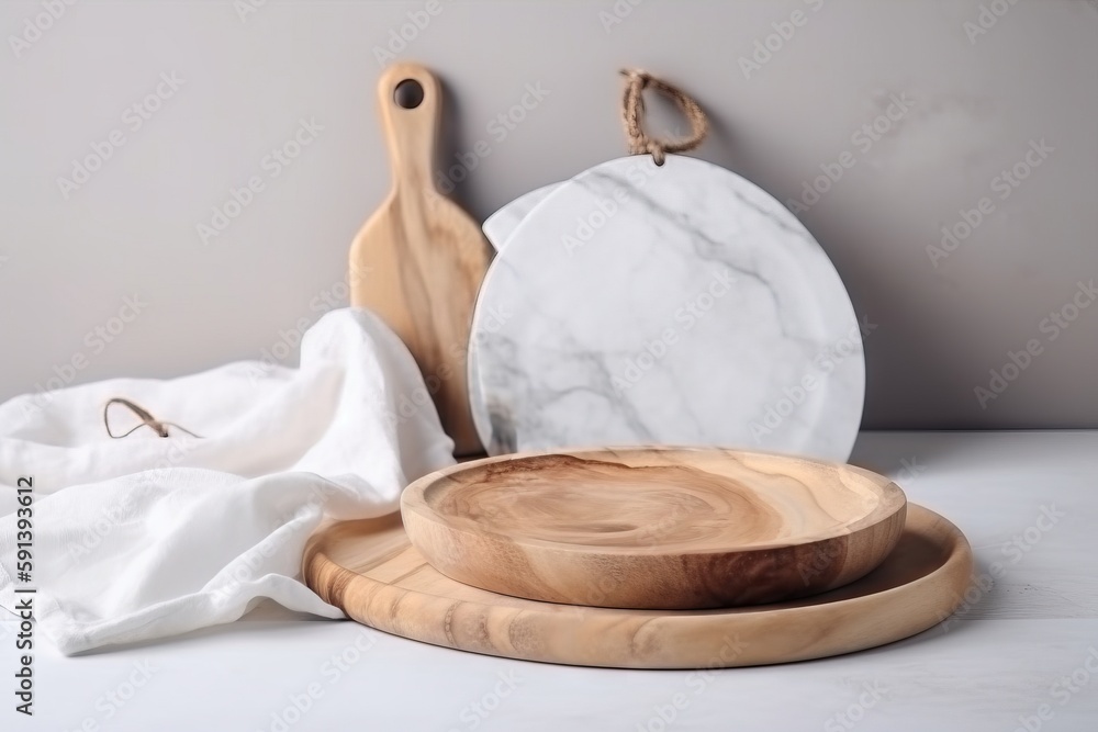  a marble plate and wooden cutting board on a white tablecloth with a pair of scissors and a wooden 