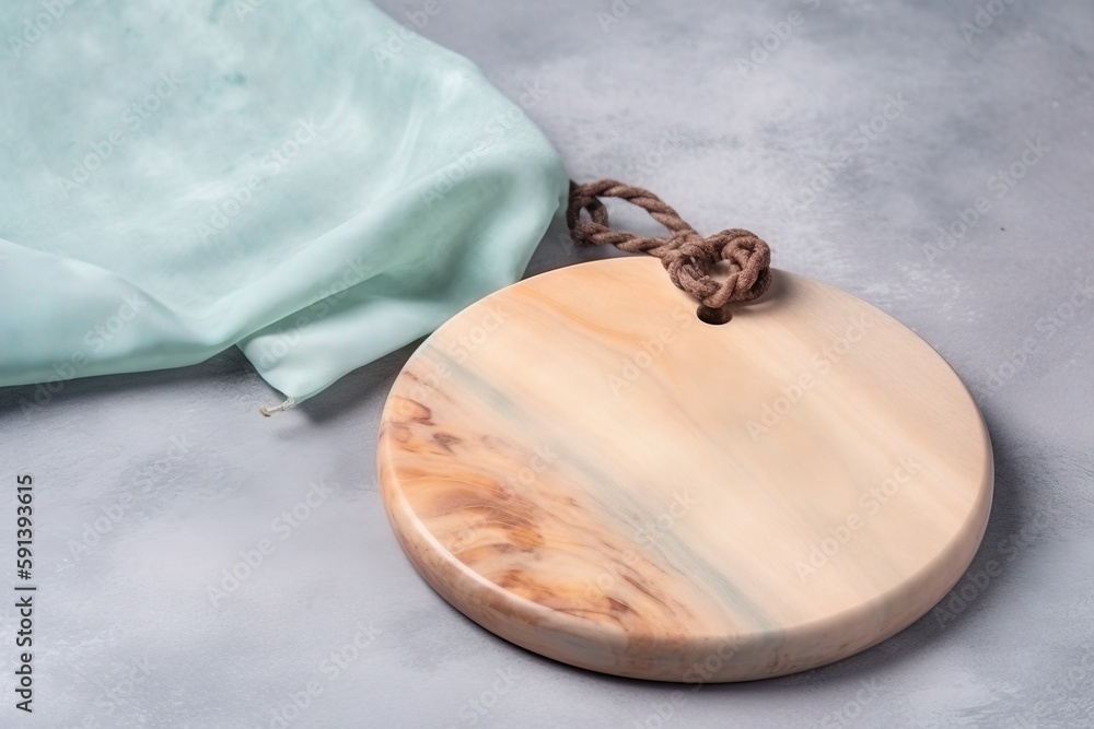  a round wooden cutting board with a knot on a gray surface next to a blue sheet of cloth and a blue