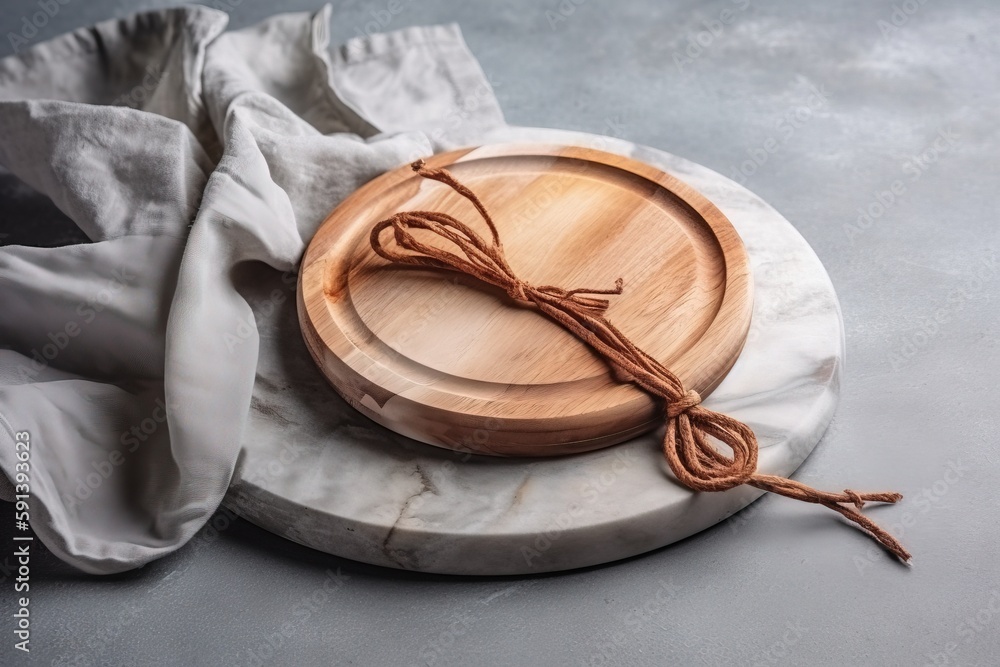  a wooden plate with a knot on it on a marble plate with a white napkin on the side of it and a whit