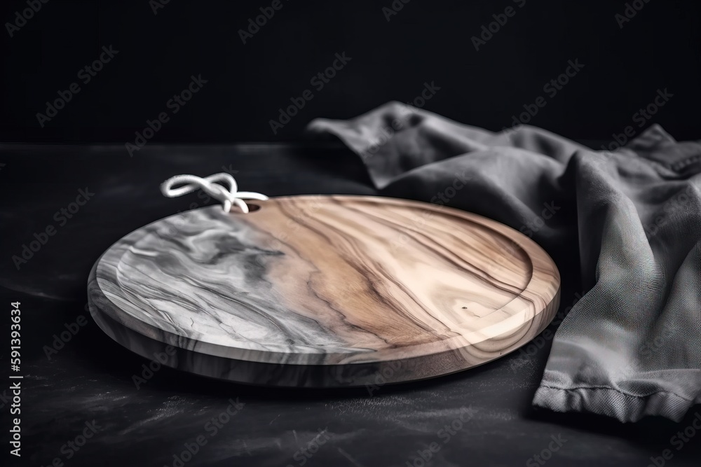  a wooden cutting board sitting on top of a black tablecloth next to a napkin and a cloth on a table