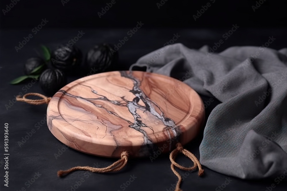  a wooden plate sitting on top of a table next to a gray cloth and a black object on a black tablecl