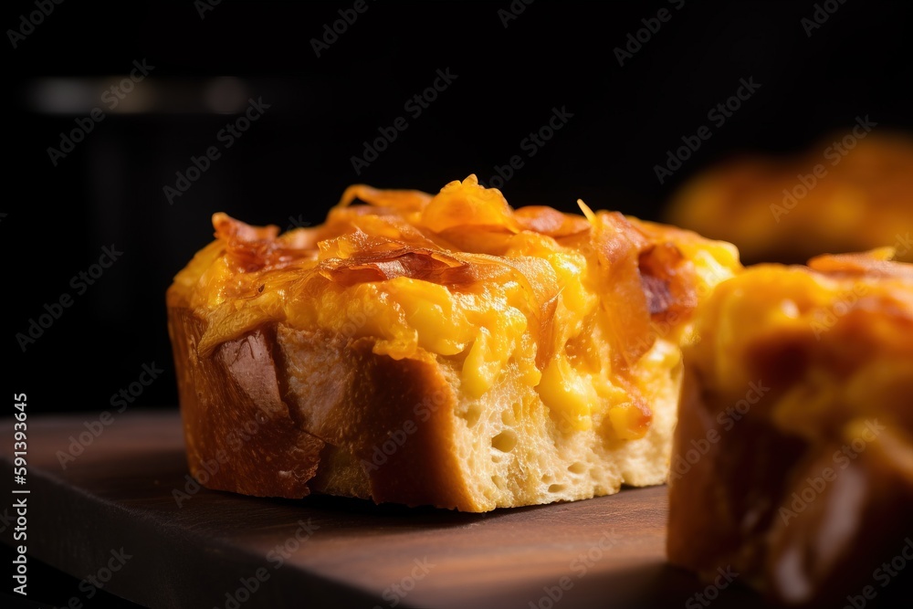  a close up of a piece of bread with cheese and bacon on it on a cutting board with another piece of