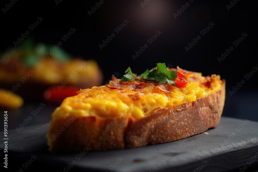  a close up of a piece of bread on a plate with a slice of bread on top of it with a green garnish o